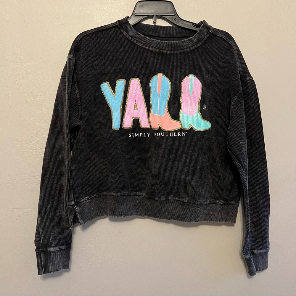 Simply Southern Ribbed Cropped Black Y'all Boots‎ Sweatshirt Western Country S